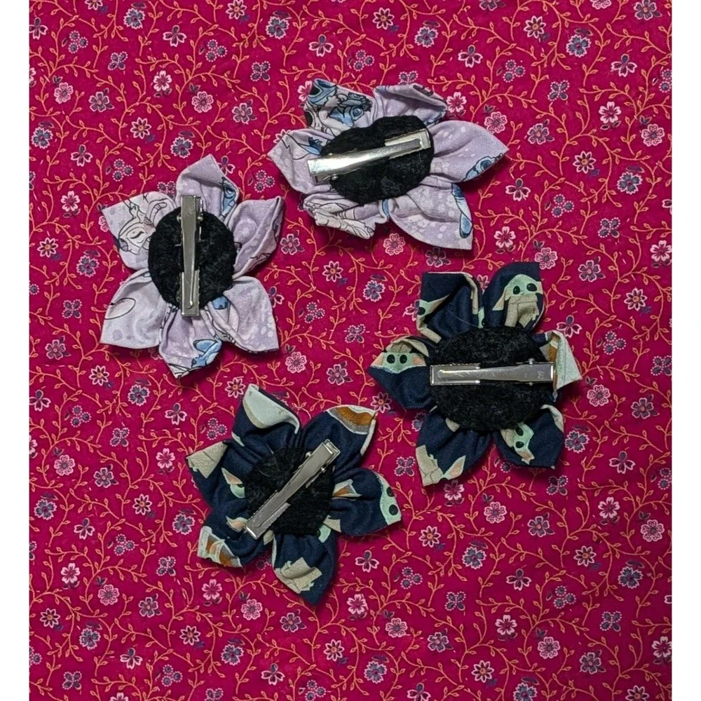 Handmade Disney Hair Clips Set of 4‎ Grogu Baby Yoda & Stitch Fabric Flowers